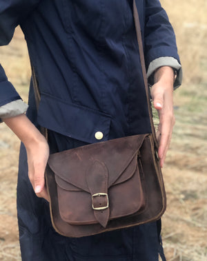 Small Camel Leather Messenger Bag