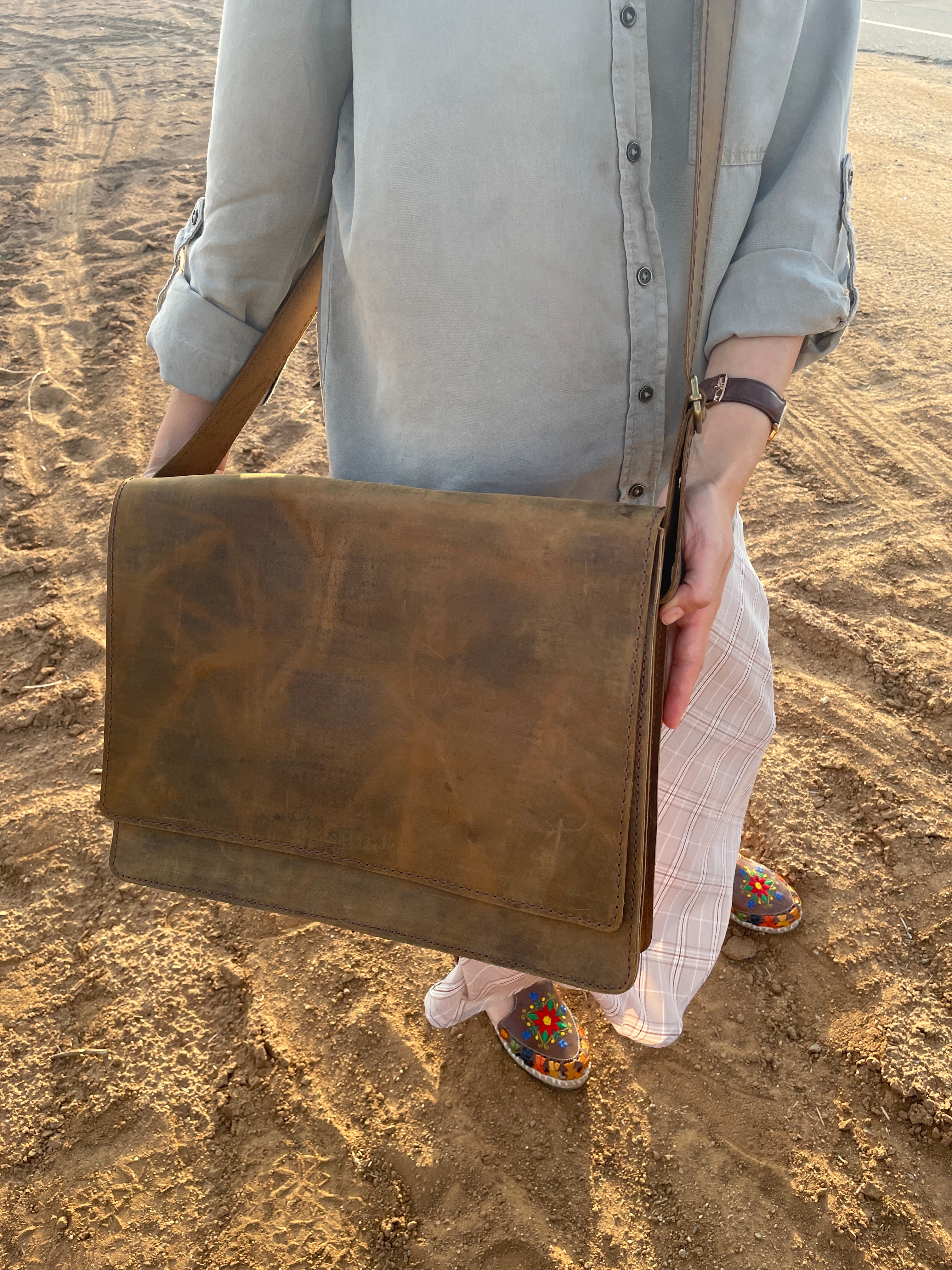 Authentic Camel Leather Messenger Work Bag